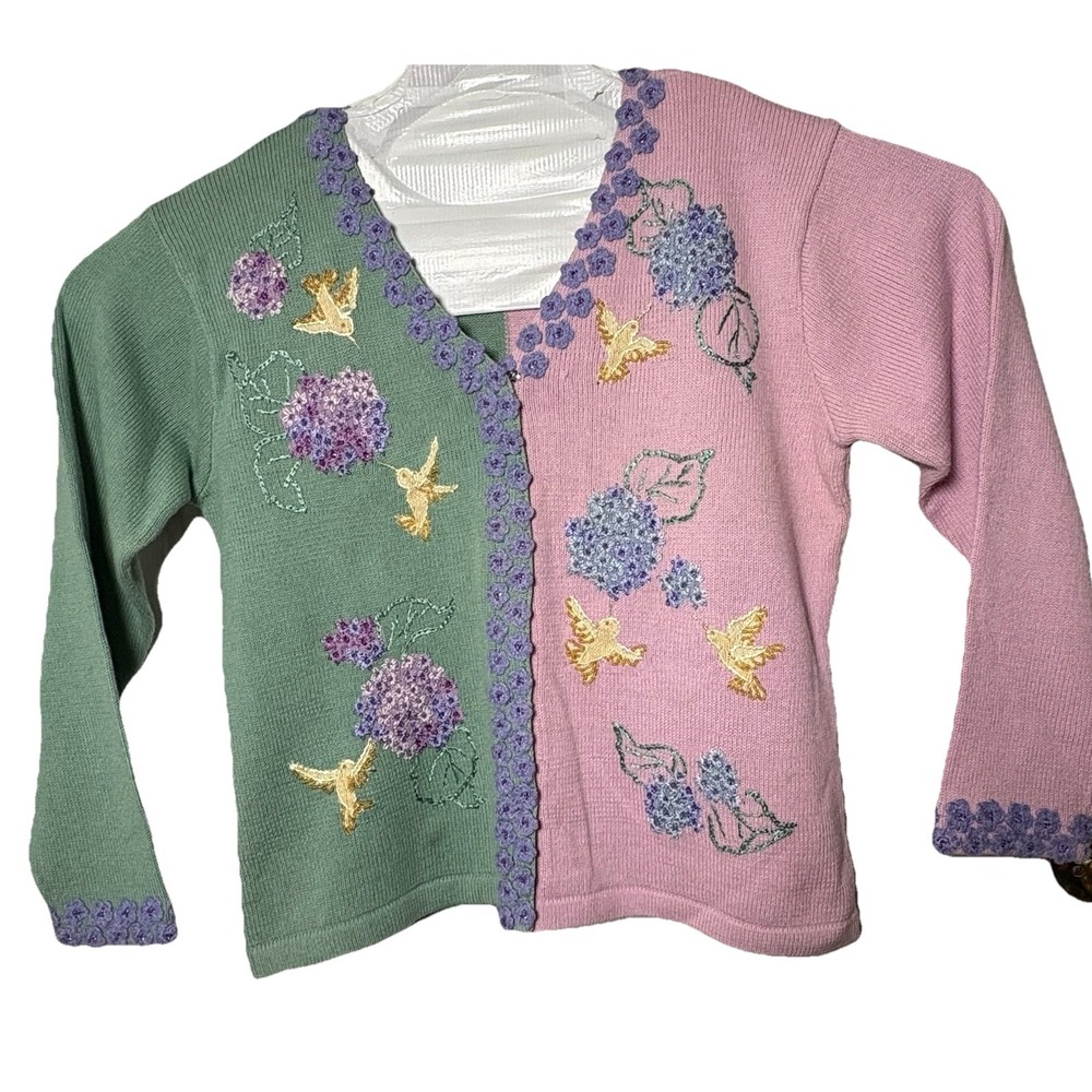 Sweater Sweater Brand Cardigan Hummingbirds Flowers Pastel Pink Mint Green Sz L